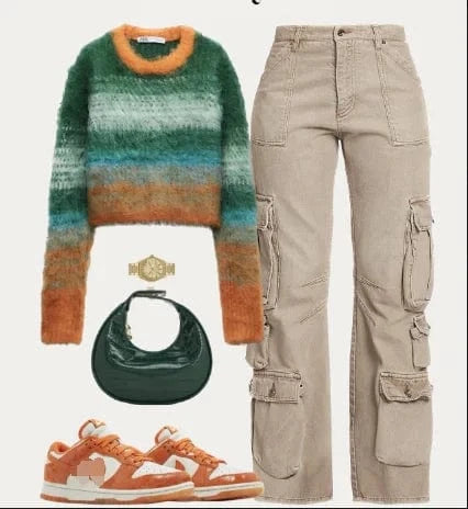 CUTENOVA 23TP122702 Fashion Color Blocking Pullover Women Streetwear Crop Cardigan 2024 Women's Sweaters