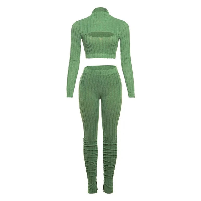 CUTENOVA 24ST0105 Fashion 2024 Sexy Hollow-Out Solid Two Piece Slit Leggings Sets Women's Sets