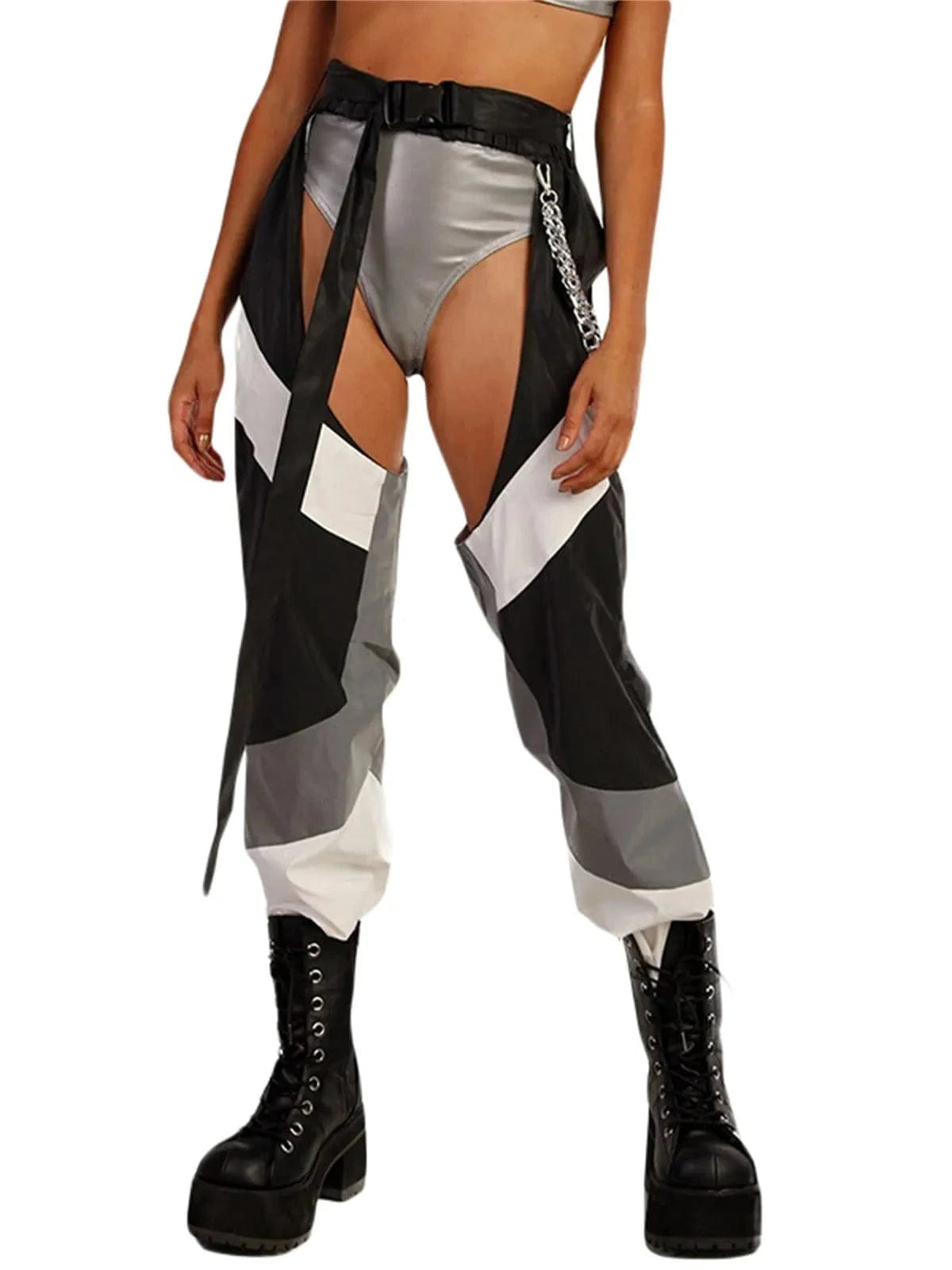 D / L hirigin Women Buckles Bottomless Pants High Waist Cargo Trousers Crothchless Color Block Boggy Trousers Long Rave Legging