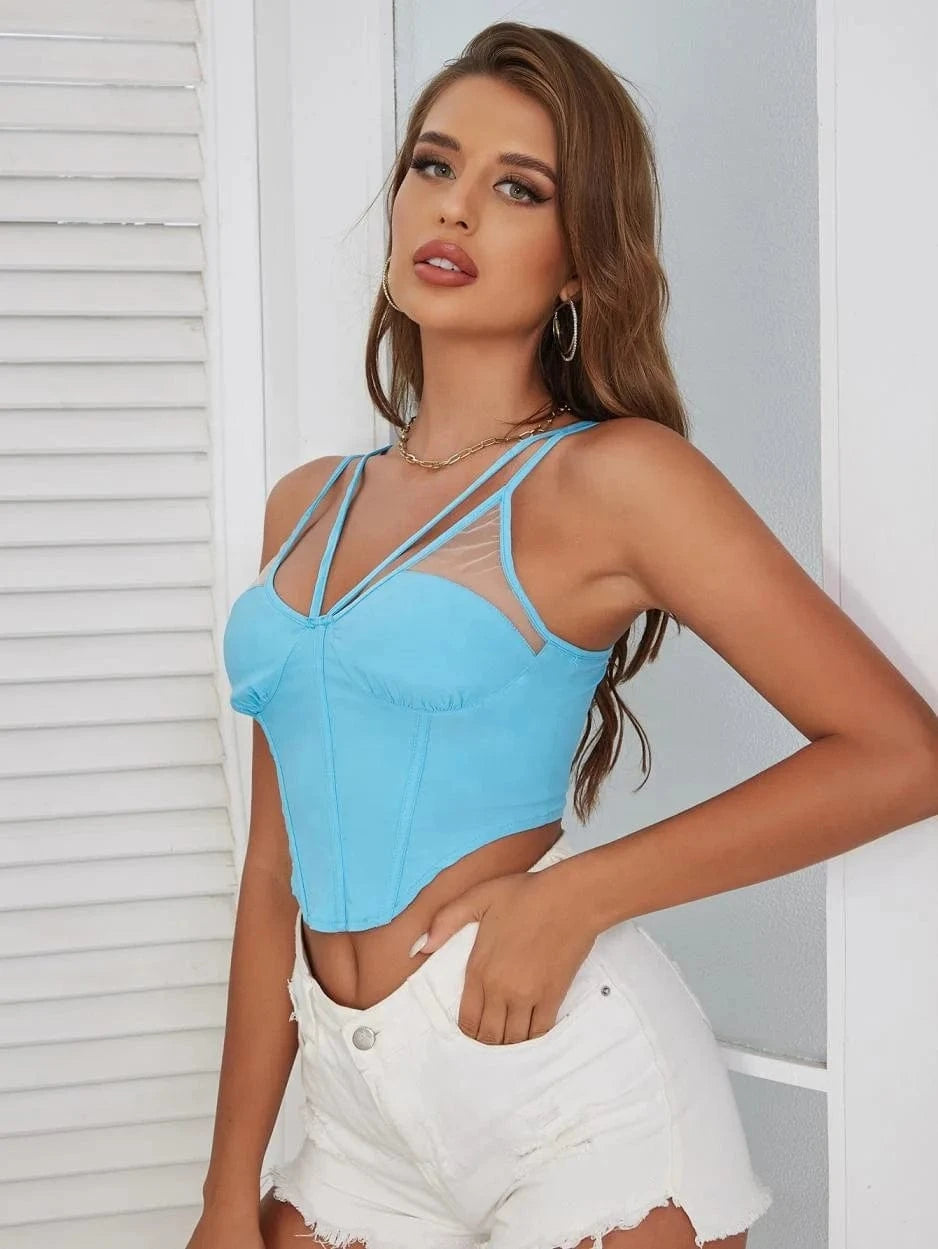 D&M Mint Blue Casual Mesh Insert Double Strap Asymmetrical Hem Crop Tops Women Latest 2024 Summer Girl Tank Top