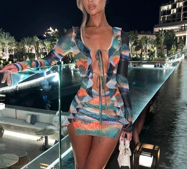 D / S Women Mini Dress Long Sleeve Lacing Tie-dye Print Patchwork Slit Bodycon Dress for Club Party
