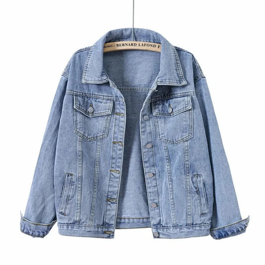 D0702DJ09 New In 2023 Plus Size Light Blue Drop Shoulder Washed Jeans Denim Jacket For Women Sehe Fashion