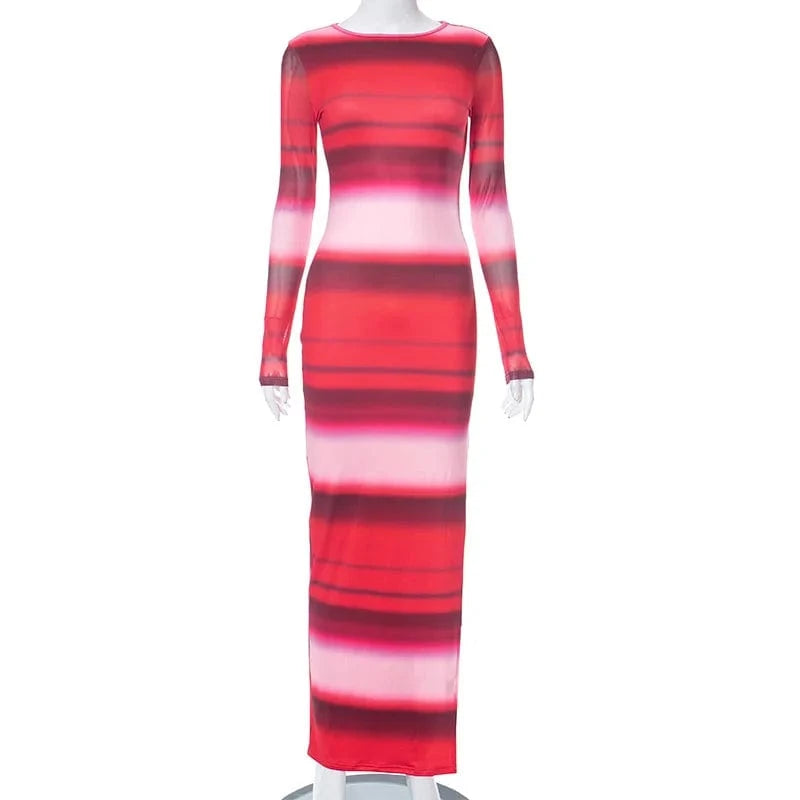D23ds141 2024 New Fall Fashion Women's Maxi Dress Long Sleeve Striped Print Bodycon Sexy Elegant Dress Woman's Dress