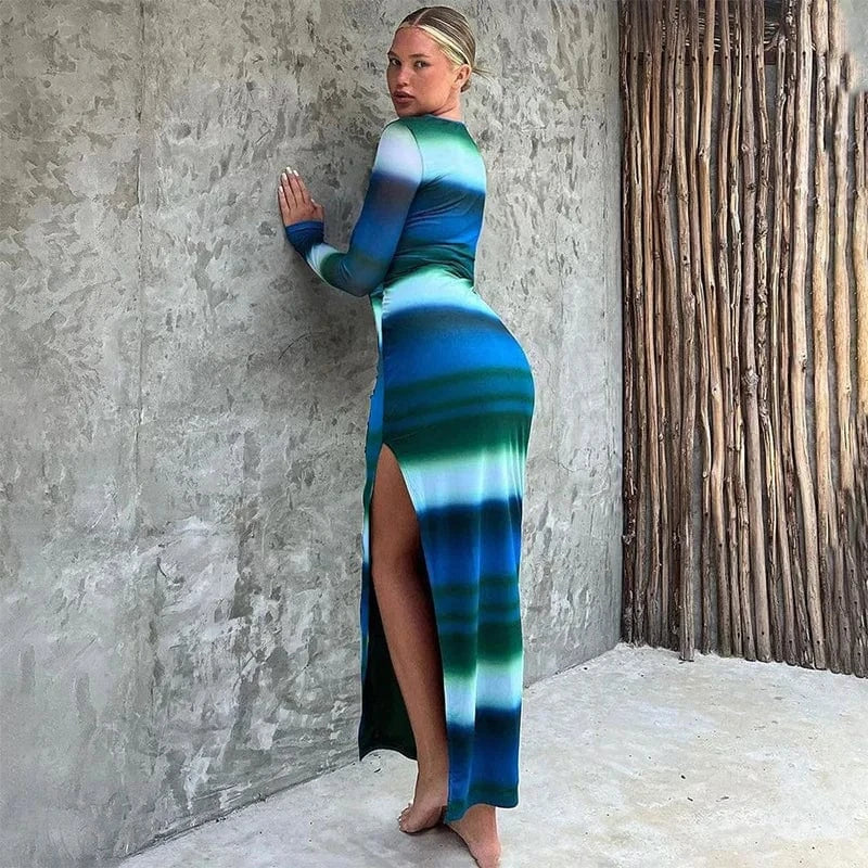 D23ds141 2024 New Fall Fashion Women's Maxi Dress Long Sleeve Striped Print Bodycon Sexy Elegant Dress Woman's Dress