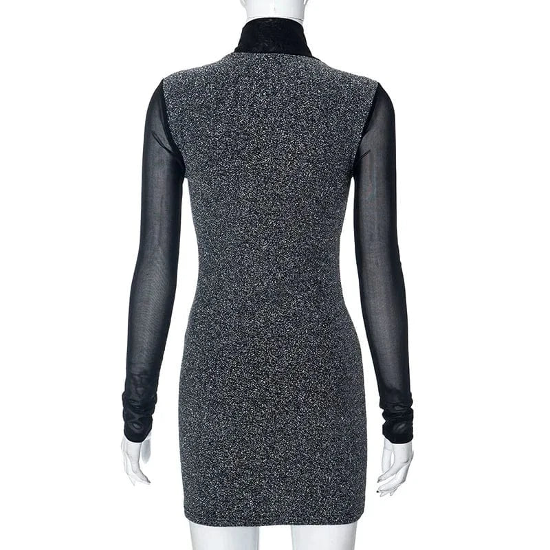 D23ds185 Autumn 2024 New Gold And Silver Wire Patchwork Mesh Long Sleeve Sexy Dress Bodycon Casual Dress For Women Lady