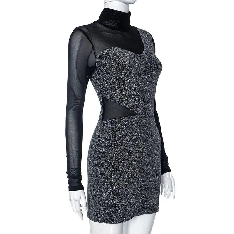 D23ds185 Autumn 2024 New Gold And Silver Wire Patchwork Mesh Long Sleeve Sexy Dress Bodycon Casual Dress For Women Lady