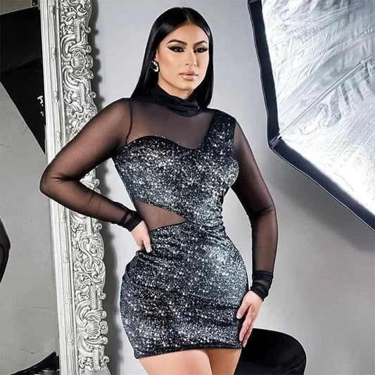 D23ds185 Autumn 2024 New Gold And Silver Wire Patchwork Mesh Long Sleeve Sexy Dress Bodycon Casual Dress For Women Lady