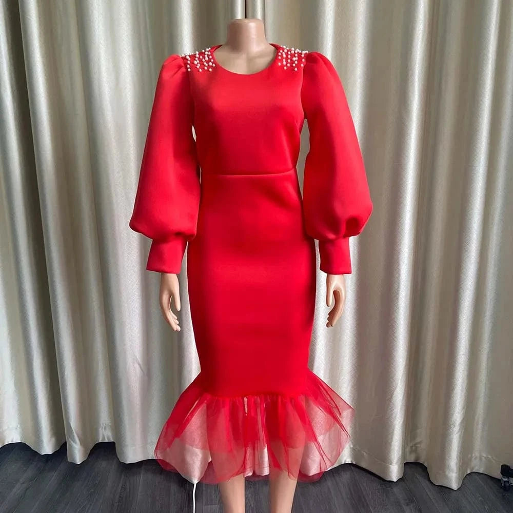 D3082 New Puff Sleeve Mesh Patchwork Fishtail Banquet Dinner Dress Nail Bead Dress Evening Dresses Wholesale Customization