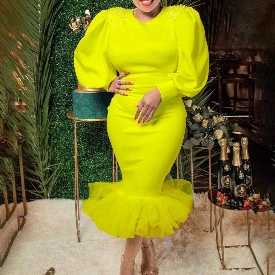 D3082 New Puff Sleeve Mesh Patchwork Fishtail Banquet Dinner Dress Nail Bead Dress Evening Dresses Wholesale Customization