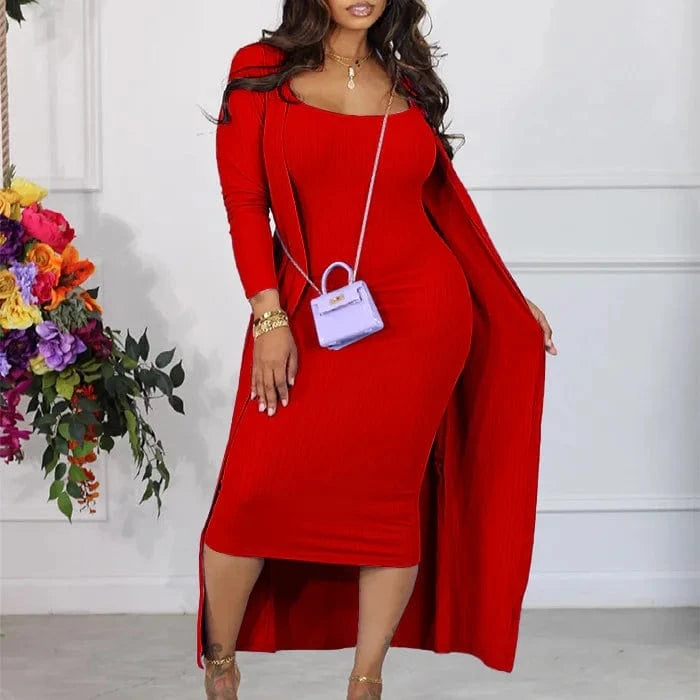 D3232 Trendy Autumn Winter Dress Set Casual Dresses Women Lady Elegant Strap Dress And Long Coat Two Piece Set Women Clothing