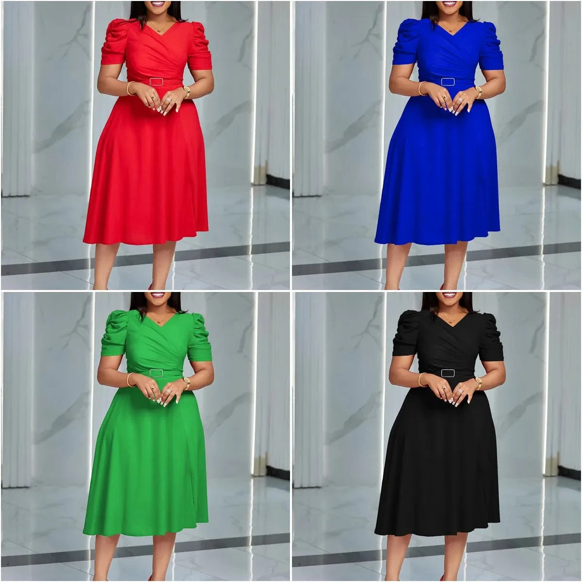 D490 Latest Design Elegant Summer Dress For Women Short Sleeve V-neck Ruched A-line Ladies Office Dresses Women Casual Dresses