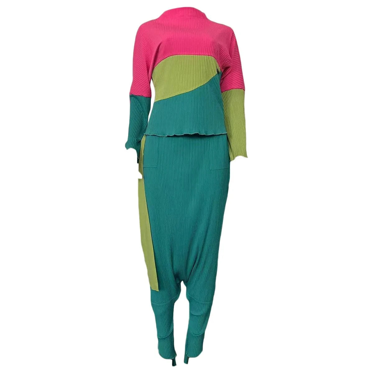D8568 New Pleated Stitching Fashion Casual Fall Two Piece Sets For Women 2024