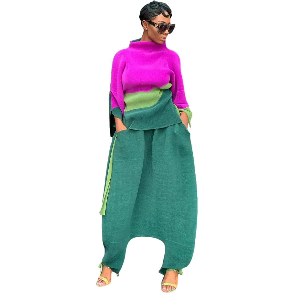 D8568 New Pleated Stitching Fashion Casual Fall Two Piece Sets For Women 2024