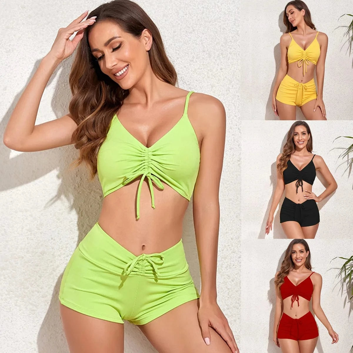 DAMOCHIC 2022 Best Price Bikini Set Lace Up Swimwear Tops Solid Women Beach Clothing Ribber Girls Swimsuit Shorts Suit