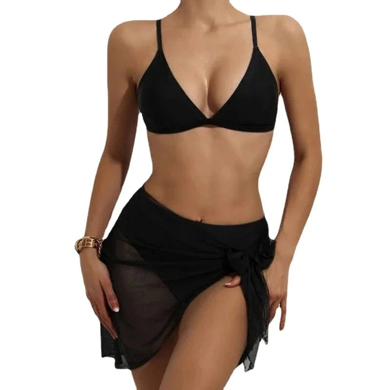 DAMOCHIC 2022 Drop Shipping New Style Three Pieces Swimwear Black Bikini Set with Cover Ups 3 Piece Swimsuit for Women Swim Suit