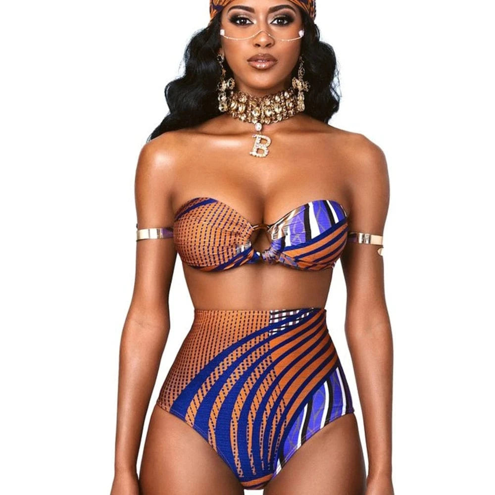 DAMOCHIC 2022 High Waisted African Print Swimwear Bandeau Bikinis for Women Fashion Strapless Swimsuit Push Up Cup Wholesale