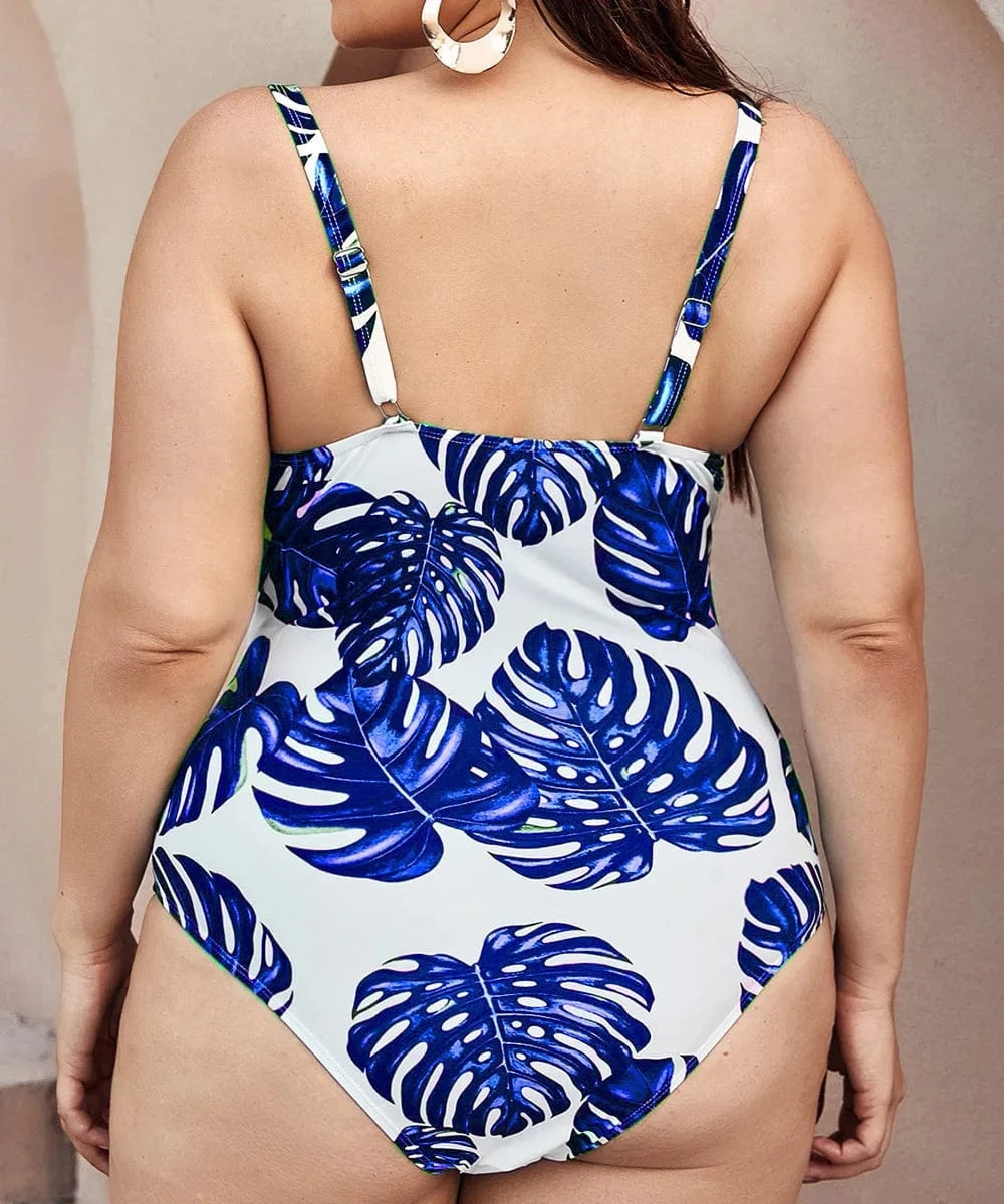 DAMOCHIC 2023 Blue Tropical Leaf Print Swimsuit 3xl Luxury Waist Belt One Piece Plus Size Swimwear Bikini for Fat Women Supplier