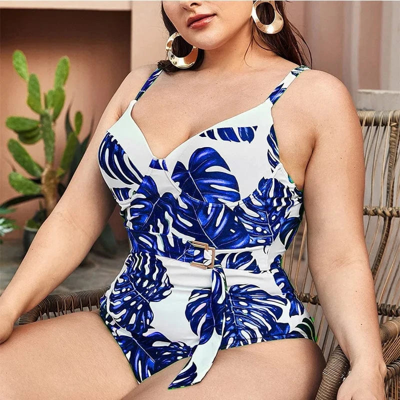 DAMOCHIC 2023 Blue Tropical Leaf Print Swimsuit 3xl Luxury Waist Belt One Piece Plus Size Swimwear Bikini for Fat Women Supplier