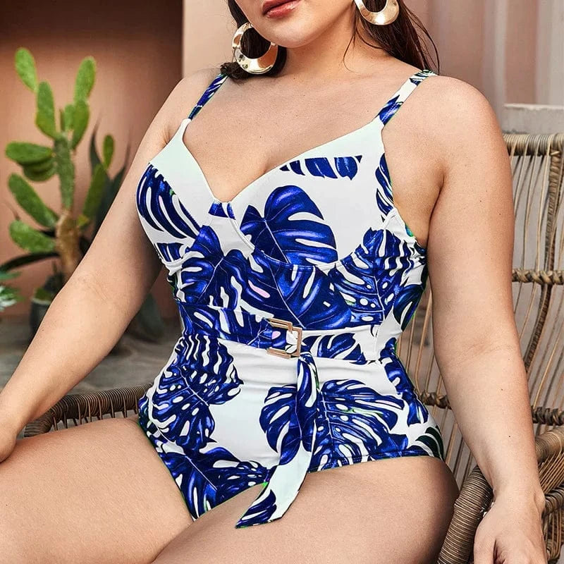 DAMOCHIC 2023 Blue Tropical Leaf Print Swimsuit 3xl Luxury Waist Belt One Piece Plus Size Swimwear Bikini for Fat Women Supplier