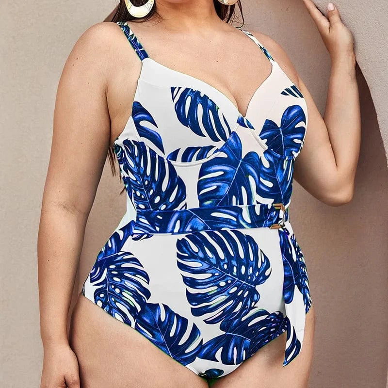 DAMOCHIC 2023 Blue Tropical Leaf Print Swimsuit 3xl Luxury Waist Belt One Piece Plus Size Swimwear Bikini for Fat Women Supplier
