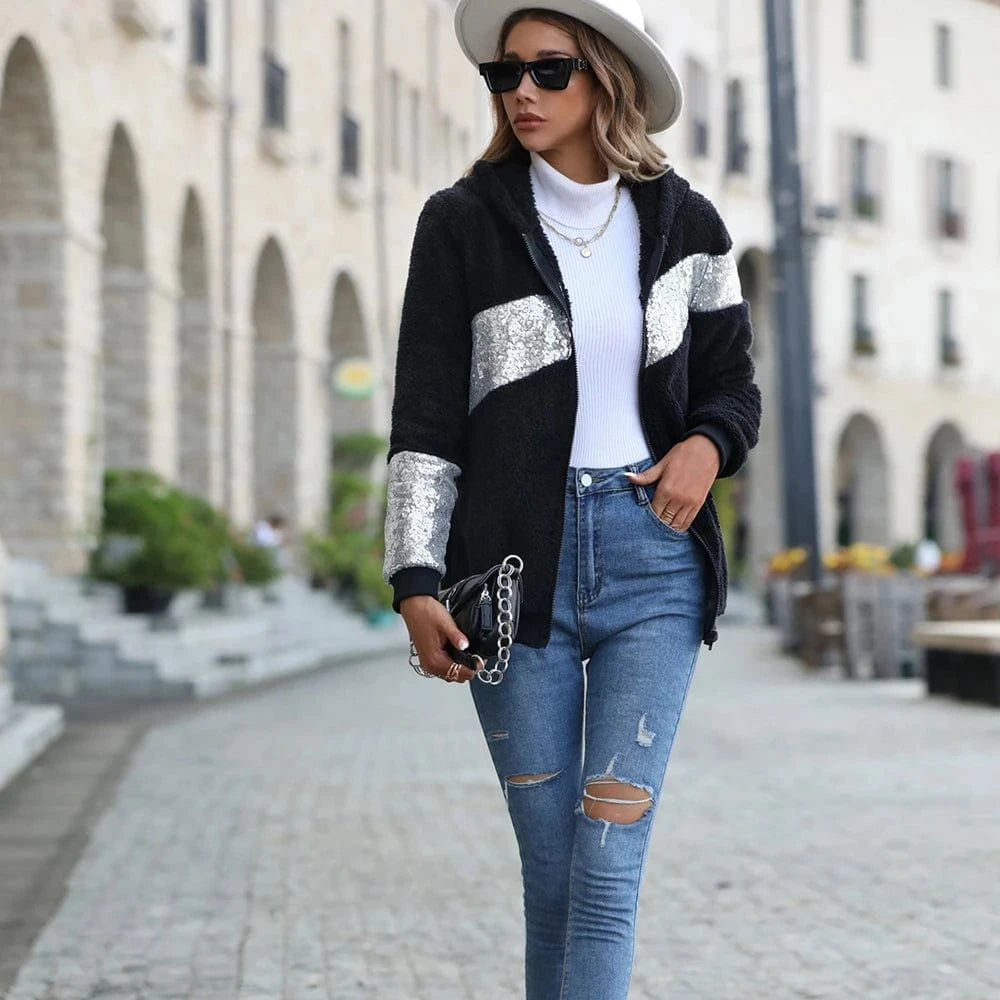 DAMOCHIC 2023 New Women Winter Warm Faux Fur Coat Women Sequin Patchwork Overcoat Hooded Jackets Warm Female