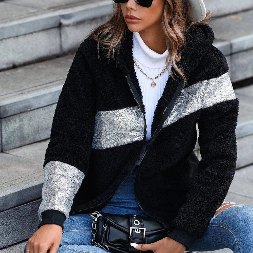 DAMOCHIC 2023 New Women Winter Warm Faux Fur Coat Women Sequin Patchwork Overcoat Hooded Jackets Warm Female