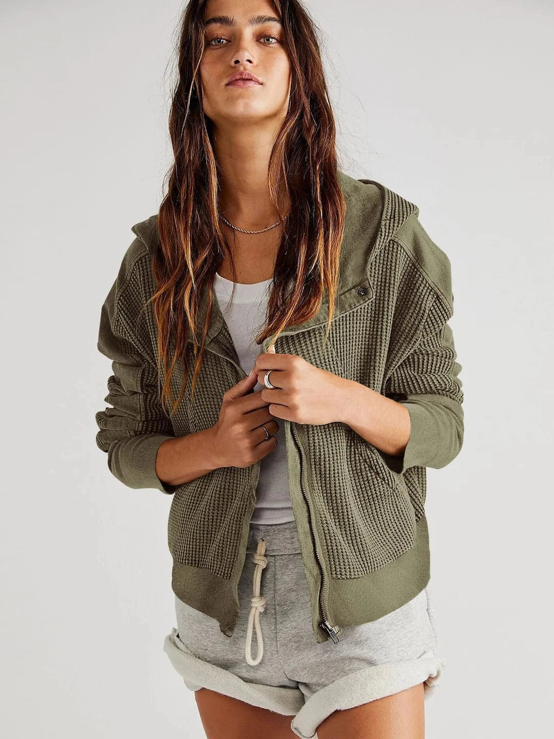 DAMOCHIC Autumn Sweatshirt Cardigan Casual Outfit Zipper Jacket Sweatshirt Hooded Winter Waffle Patchwork Women Fall Coats 2023