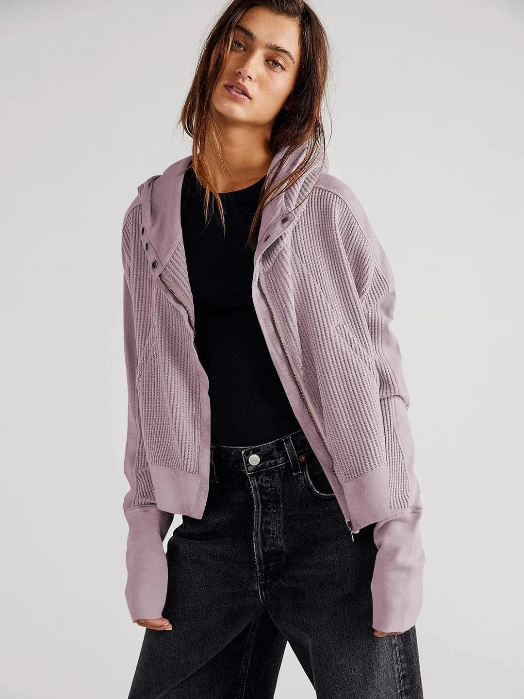 DAMOCHIC Autumn Sweatshirt Cardigan Casual Outfit Zipper Jacket Sweatshirt Hooded Winter Waffle Patchwork Women Fall Coats 2023