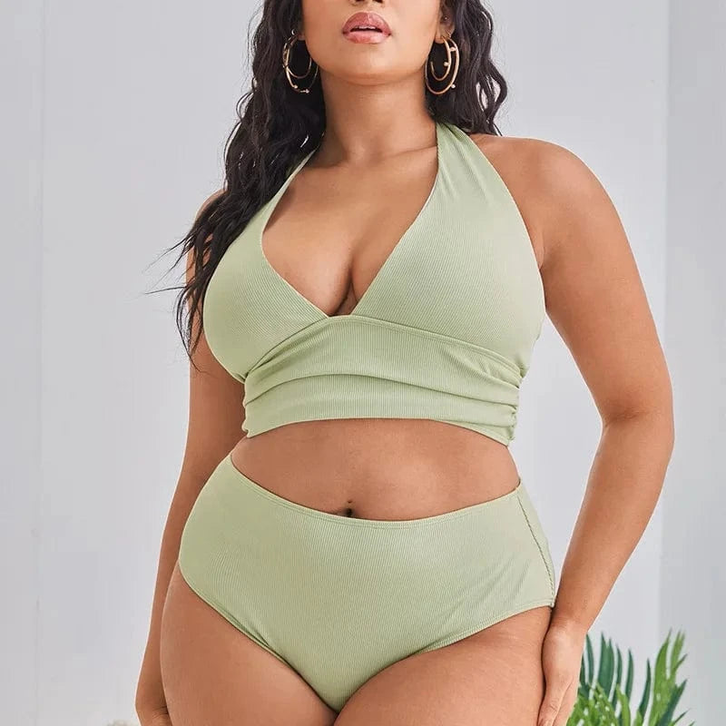 DAMOCHIC Big Bust Swimwear Sets Halter Neck Plus Size Women Swimsuit Solid Color Support Large Breast Bikinis High Waist 2023