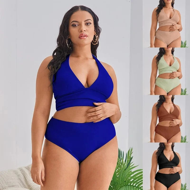 DAMOCHIC Big Bust Swimwear Sets Halter Neck Plus Size Women Swimsuit Solid Color Support Large Breast Bikinis High Waist 2023
