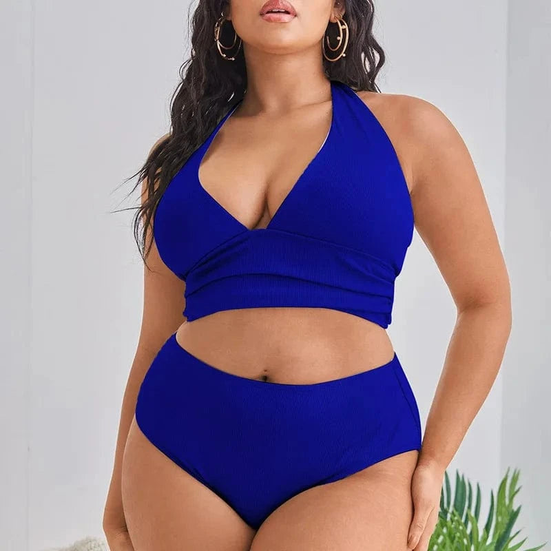 DAMOCHIC Big Bust Swimwear Sets Halter Neck Plus Size Women Swimsuit Solid Color Support Large Breast Bikinis High Waist 2023