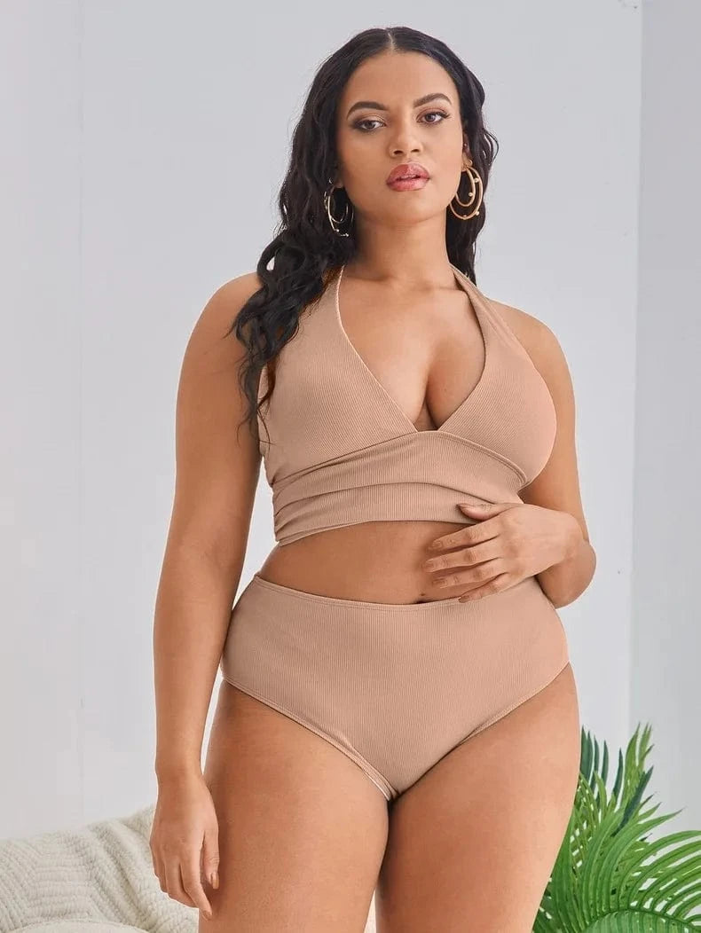 DAMOCHIC Big Bust Swimwear Sets Halter Neck Plus Size Women Swimsuit Solid Color Support Large Breast Bikinis High Waist 2023