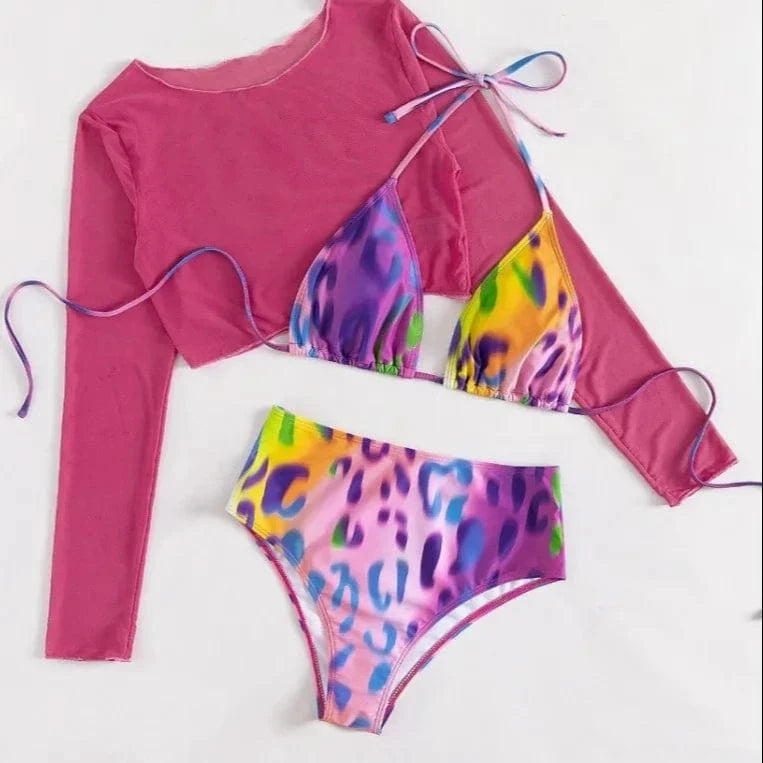 DAMOCHIC Bikini Swimsuit Long Sleeves Cover Up 3 Piece Swim Print High Waist Bathing Suit Halter Mesh Swimwear Beachwear 2024