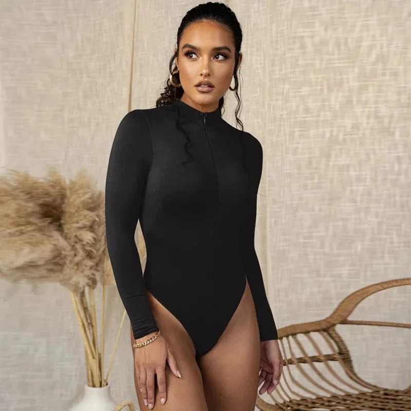 DAMOCHIC Bodysuit Vendors Clothing Solid Color Long Sleeve Custom Bodysuit for Women Front Zipper Fall Slim Playsuit Top Thong