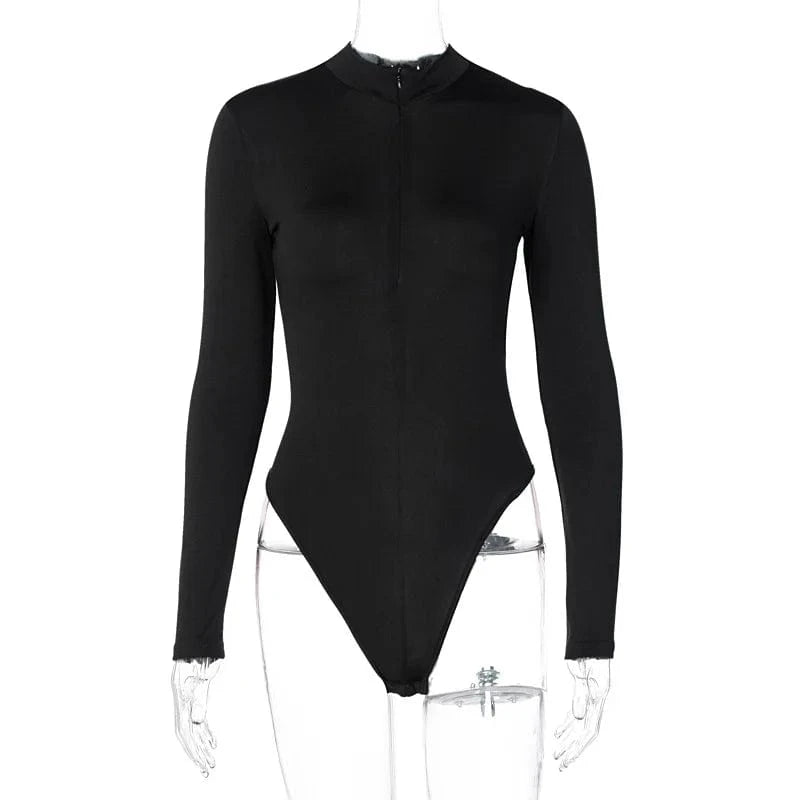 DAMOCHIC Bodysuit Vendors Clothing Solid Color Long Sleeve Custom Bodysuit for Women Front Zipper Fall Slim Playsuit Top Thong