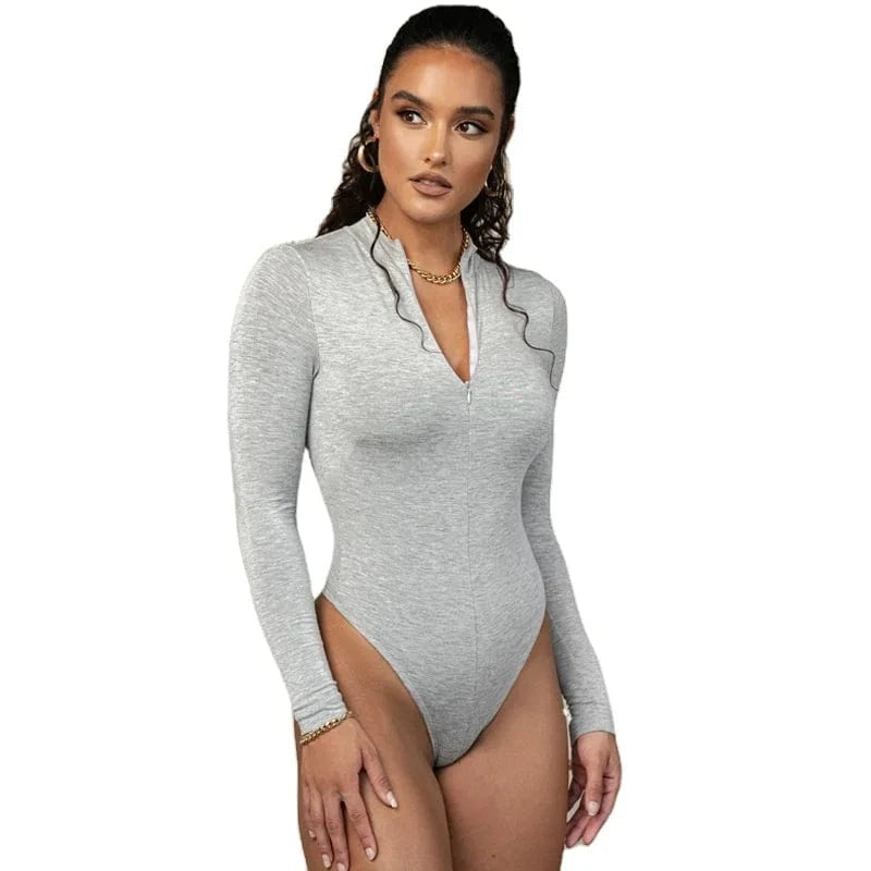 DAMOCHIC Bodysuit Vendors Clothing Solid Color Long Sleeve Custom Bodysuit for Women Front Zipper Fall Slim Playsuit Top Thong