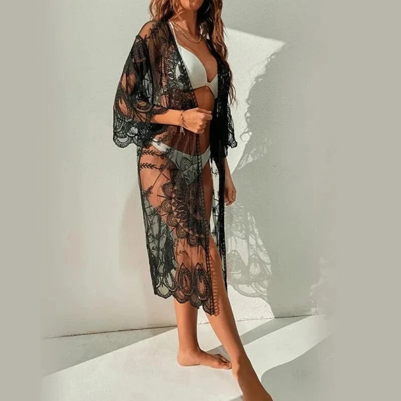 DAMOCHIC Cardigan half sleeve Swimwear cover up Summer Lace beach cover up for women sexy knitted crochet beach cover up 2023