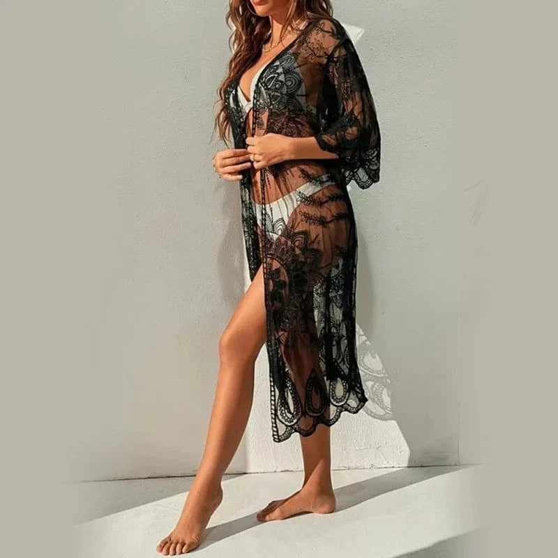 DAMOCHIC Cardigan half sleeve Swimwear cover up Summer Lace beach cover up for women sexy knitted crochet beach cover up 2023