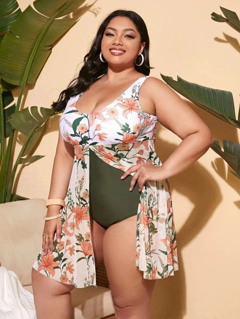 DAMOCHIC Custom Logo Tankini Supplier Large Beachwear Floral Tropical Print Women Plus Size Tankini Swimsuit Flowy Swimwear 2023