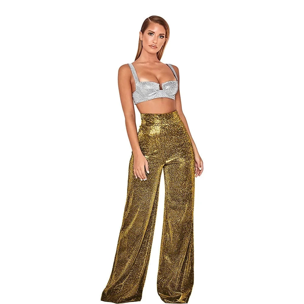 DAMOCHIC Custom Logo Wide Legged Women Pants Red Sequin Trousers for Ladies High Waist Loose Back Zipper Wholesale Palazzo Pants