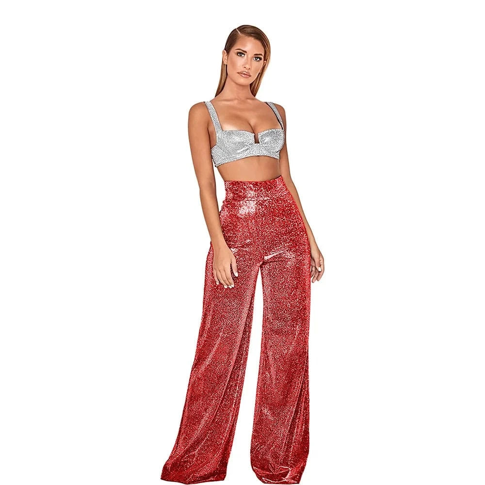 DAMOCHIC Custom Logo Wide Legged Women Pants Red Sequin Trousers for Ladies High Waist Loose Back Zipper Wholesale Palazzo Pants