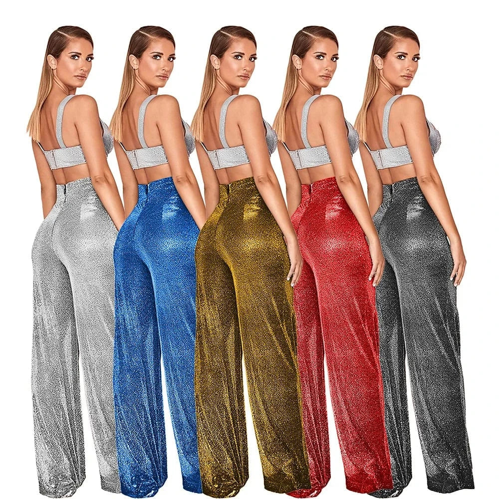 DAMOCHIC Custom Logo Wide Legged Women Pants Red Sequin Trousers for Ladies High Waist Loose Back Zipper Wholesale Palazzo Pants
