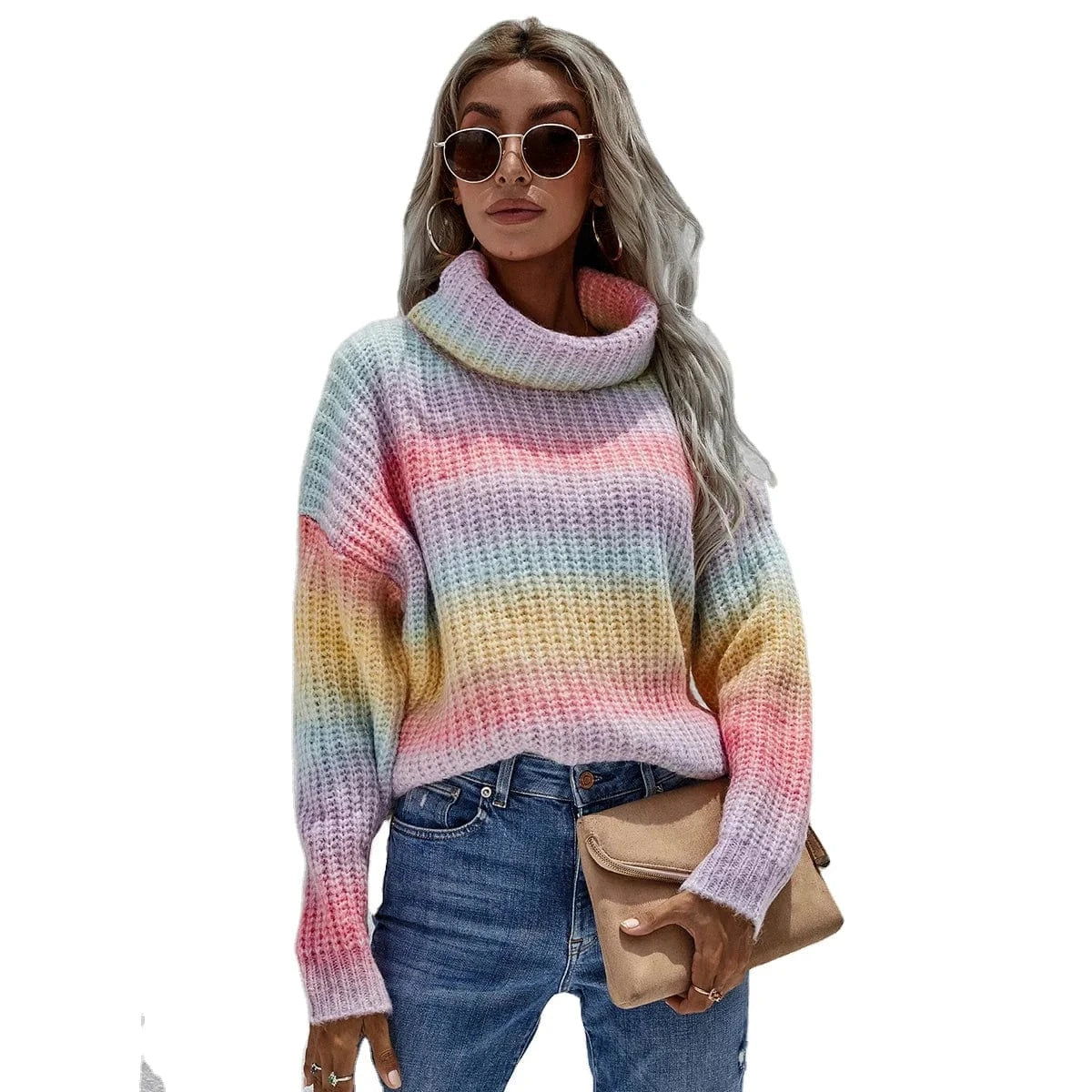 DAMOCHIC Custom Logo Women Knit Sweater Fall Pullover Colorful Rainbow High Collar Cheap Winter Knitted Sweater Tops