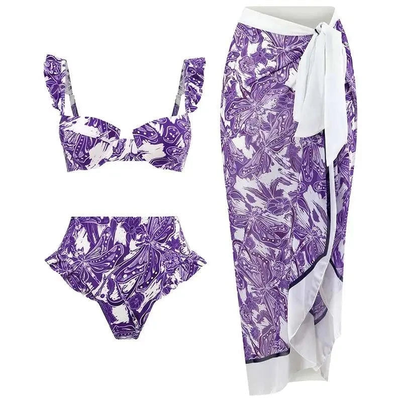 DAMOCHIC Designer Swimsuit Luxury Wholesale Bathing Suit High Waist Bikini Set Printed Swimwear with Beach Sarong Cover Up 2023
