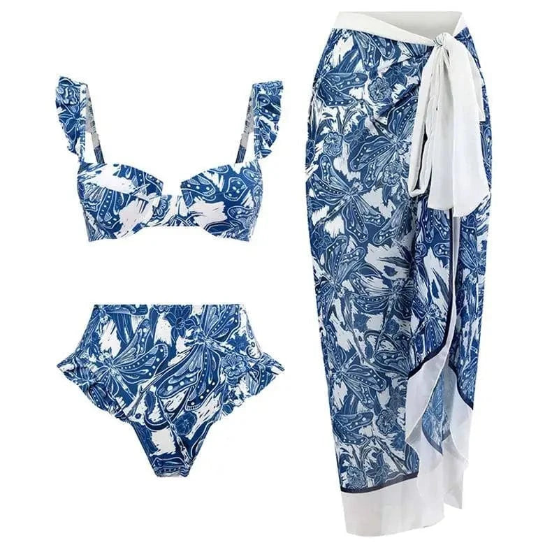 DAMOCHIC Designer Swimsuit Luxury Wholesale Bathing Suit High Waist Bikini Set Printed Swimwear with Beach Sarong Cover Up 2023
