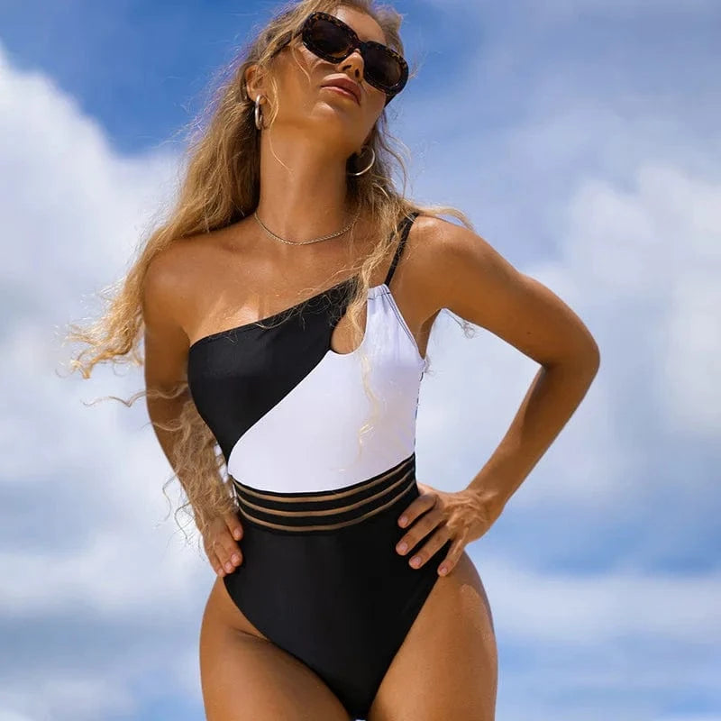DAMOCHIC Drop Shipping Women Swimsuit Summer One Shoulder Stitching Color Swimwear Sexy Cutout High Leg One-Piece Swimsuit 2023