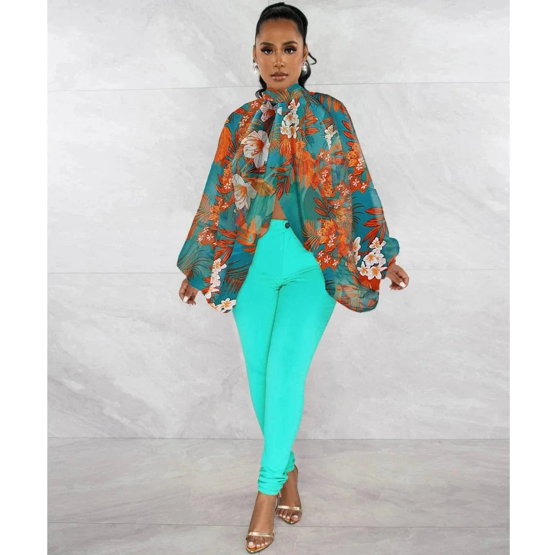 DAMOCHIC Elegant Print Blouse Shirt Ladies Batwing Sleeve Fall High Neck Lace Up Open Back Tops Female Chiffon Blouse Women 2023