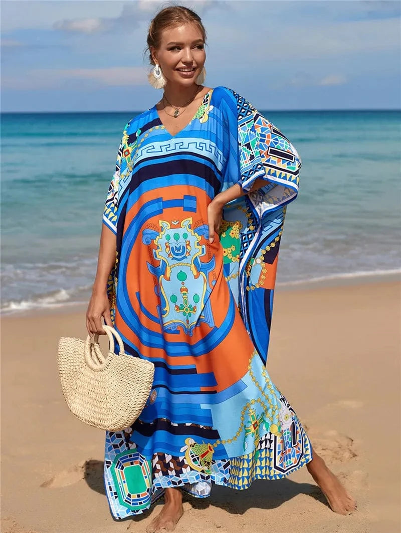 DAMOCHIC Fashion Cover Up Swimwear Women Plus Size Swim Suit Cover Ups Kaftan Sarong Rayon Print Long Maxi Beach Dresses 2023