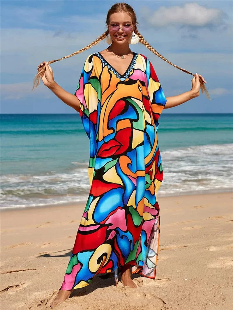 DAMOCHIC Fashion Cover Up Swimwear Women Plus Size Swim Suit Cover Ups Kaftan Sarong Rayon Print Long Maxi Beach Dresses 2023