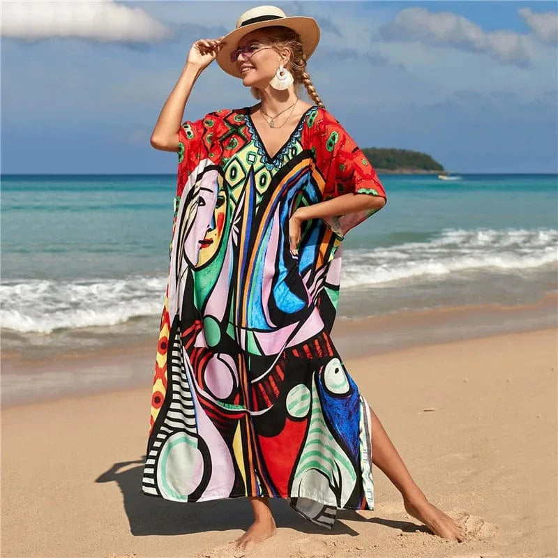DAMOCHIC Fashion Cover Up Swimwear Women Plus Size Swim Suit Cover Ups Kaftan Sarong Rayon Print Long Maxi Beach Dresses 2023